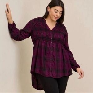 Torrid Tartan Plaid Smocked Button Down Tunic Shirt Preppy Black Purple
